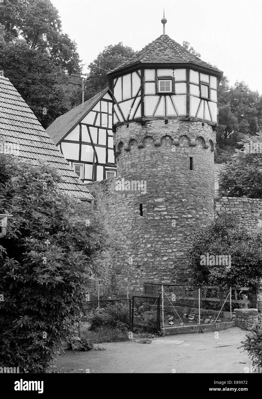 Achtziger Jahre, Dependance Stadtbefestigung Hexenturm in Moeckmuehl, Seckach, Jagst, Baden-Württemberg Stockfoto