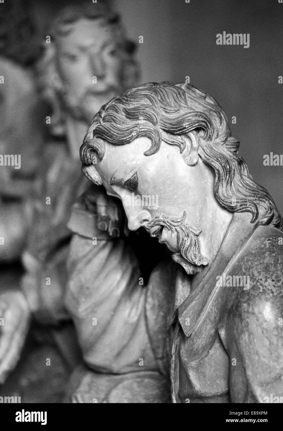 Achtziger Jahre, UNESCO Weltkulturerbe, Prophetenstatue von Aleijadinho der Wallfahrtskirche Bom Jesus de Matozinhos in Congonhas, Minas Gerais, Br Stockfoto