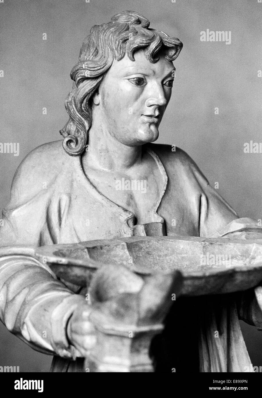 Achtziger Jahre, UNESCO Weltkulturerbe, Prophetenstatue von Aleijadinho der Wallfahrtskirche Bom Jesus de Matozinhos in Congonhas, Minas Gerais, Br Stockfoto