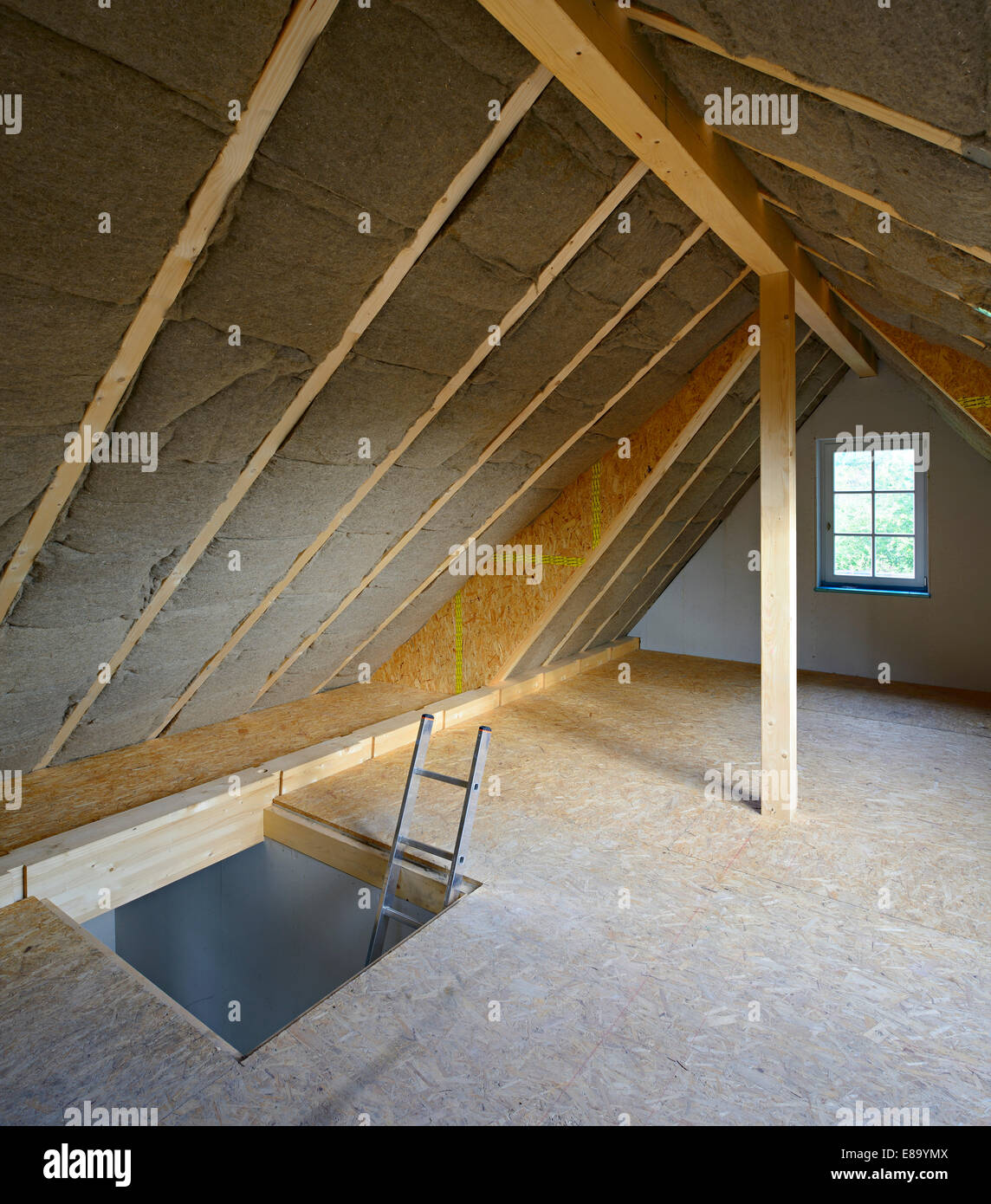Ökologisch nachhaltige Dämmung Dachstuhl mit Hanf Stockfoto