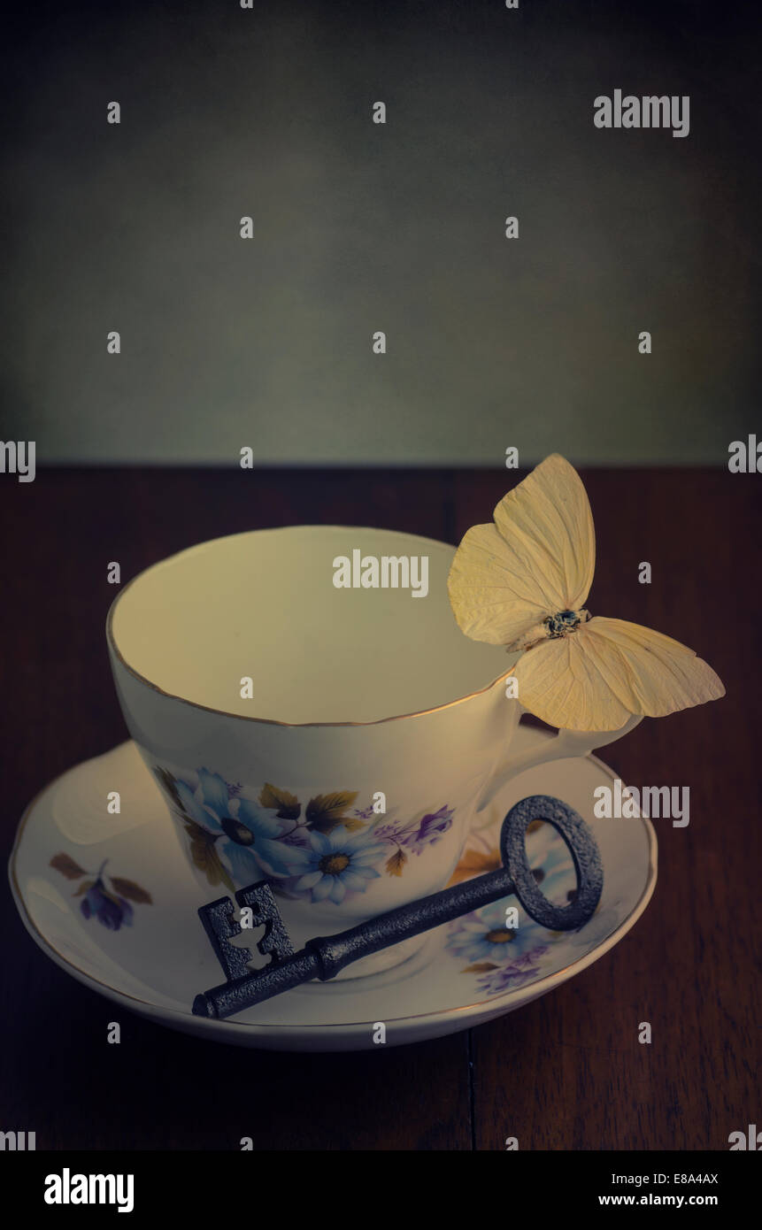 Vintage Teetasse, Alt-Taste und ein Schmetterling Stockfoto