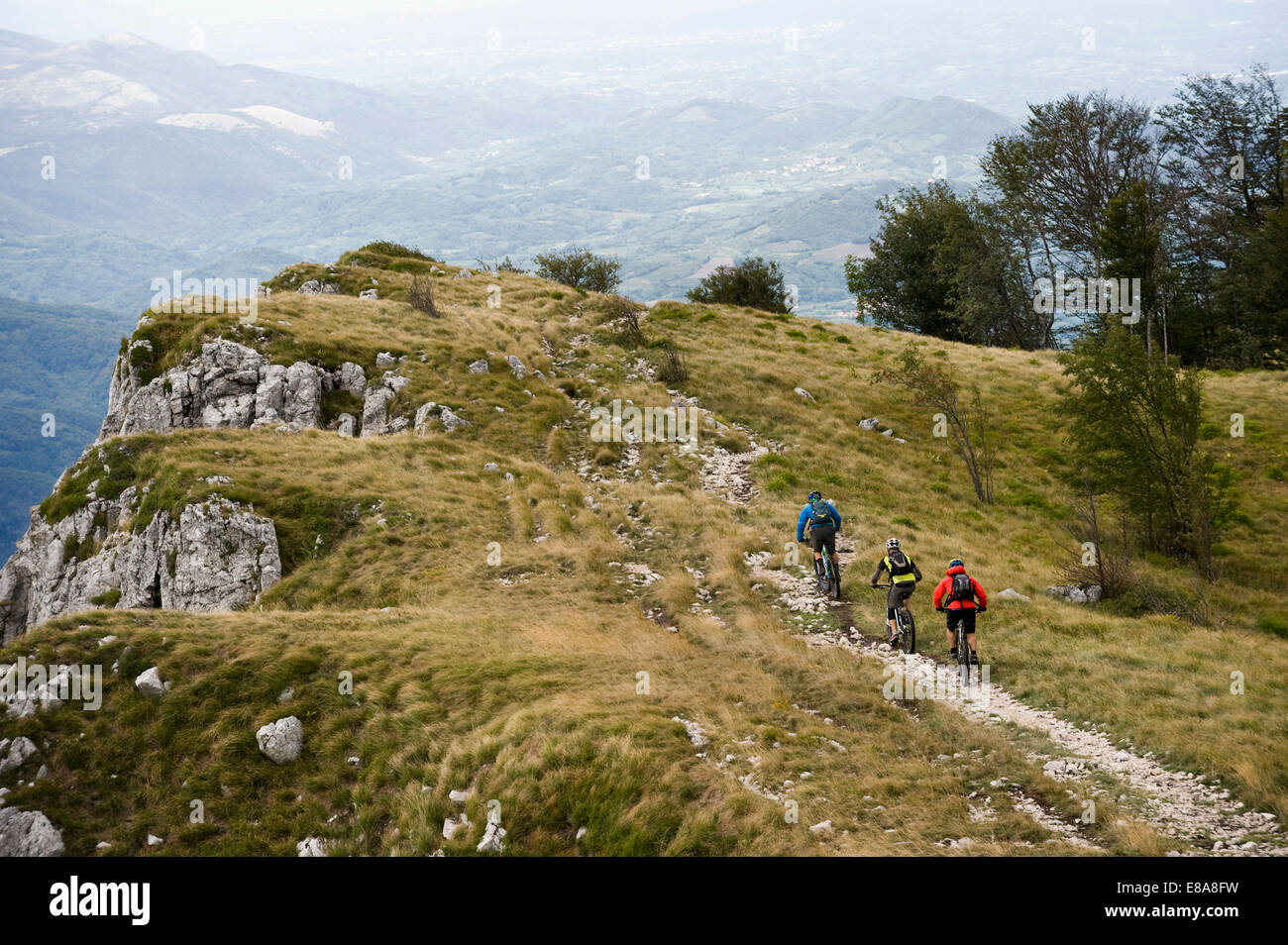 drei Mountainbiker auf dem Weg, Vipava-Tal, Istrien, Nanos, Slowenien Stockfoto