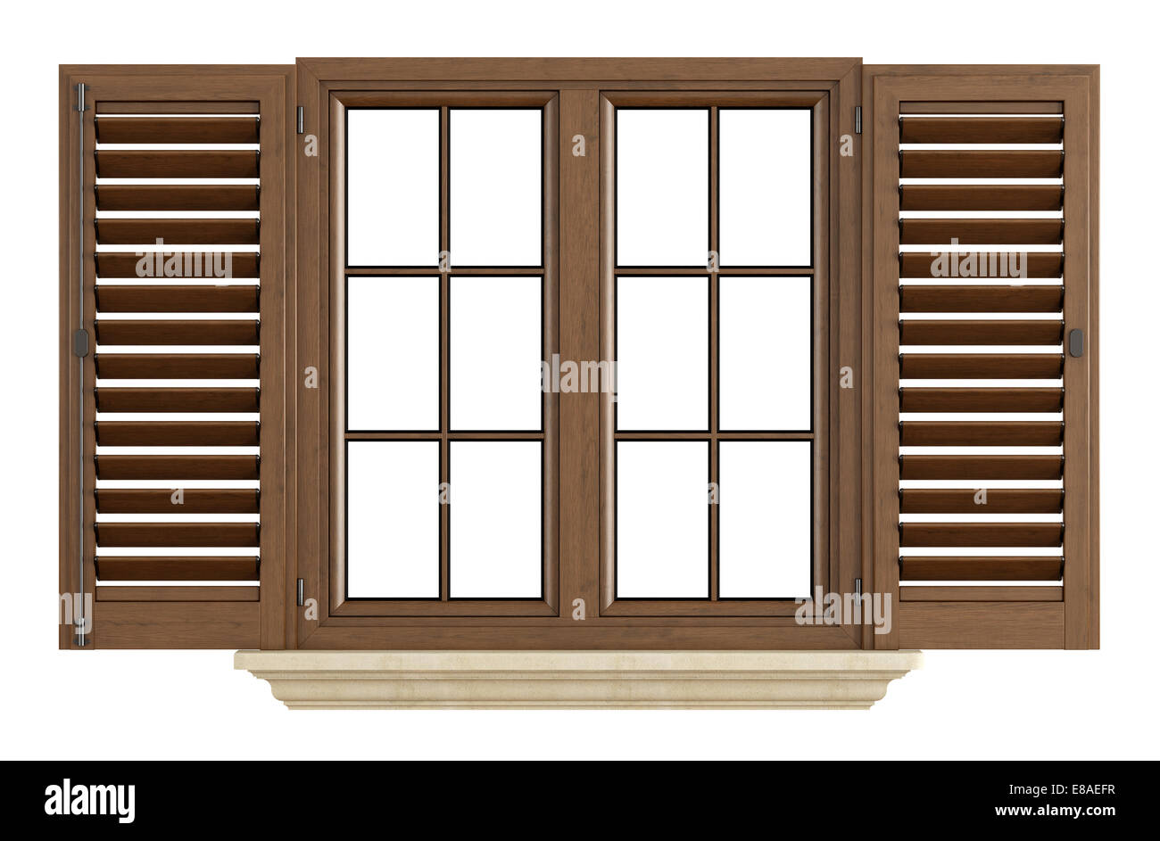 Holzfenster mit offener Blende isoliert auf weiss - Rendering Stockfoto