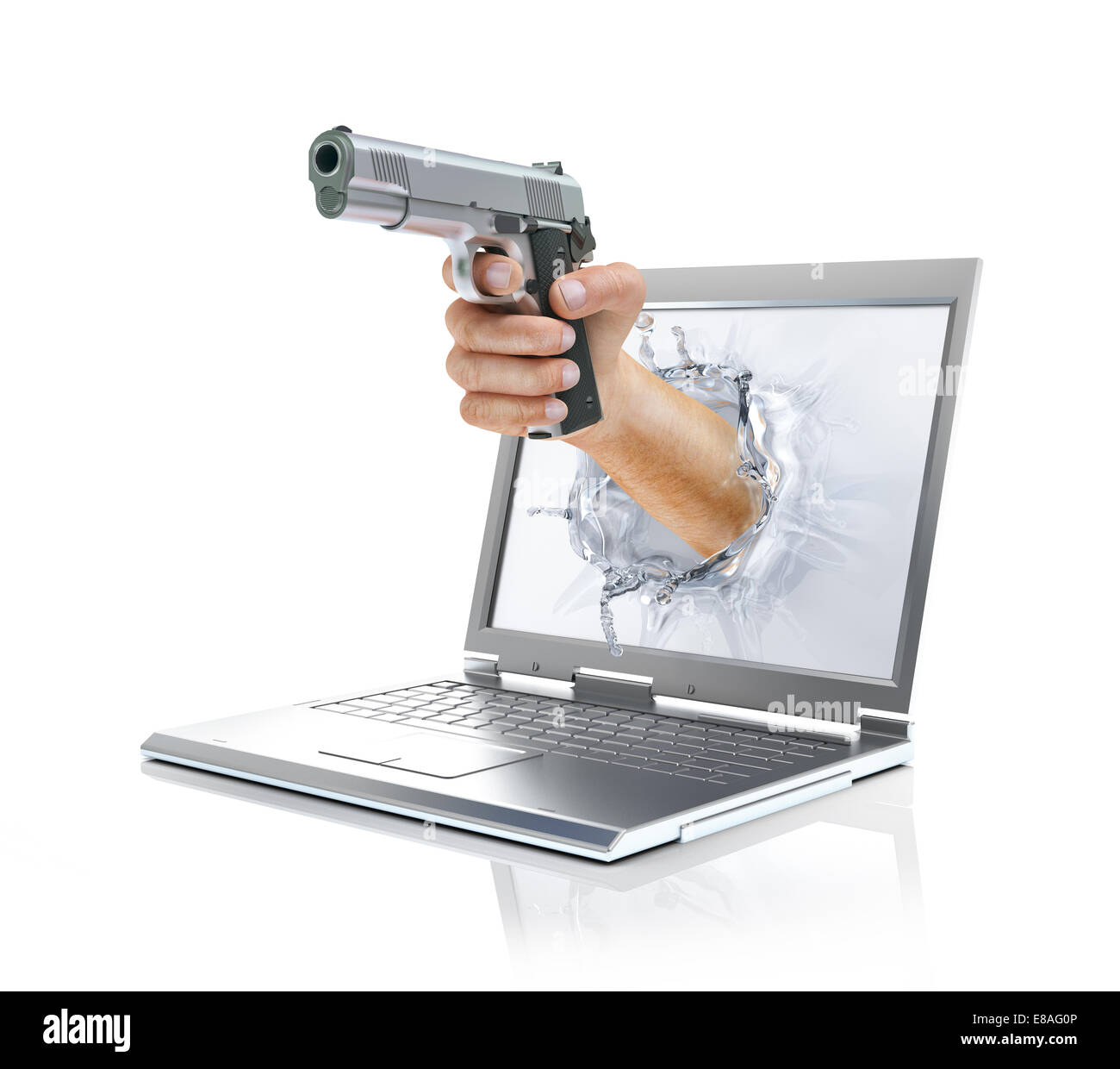 Des Menschen Hand gun, Aus Laptop Bildschirm bilden einen Splash von Flüssigkristallen. Auf weißem Hintergrund, mit Freistellungspfad enthalten. Stockfoto