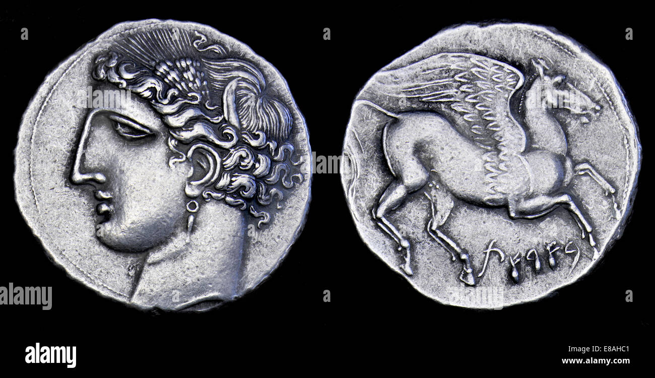 Karthagische Münze aus dem ersten Punischen Krieg: Obv: karthagischen Göttin Tanit / Rev: Pegasus [Replik] Stockfoto