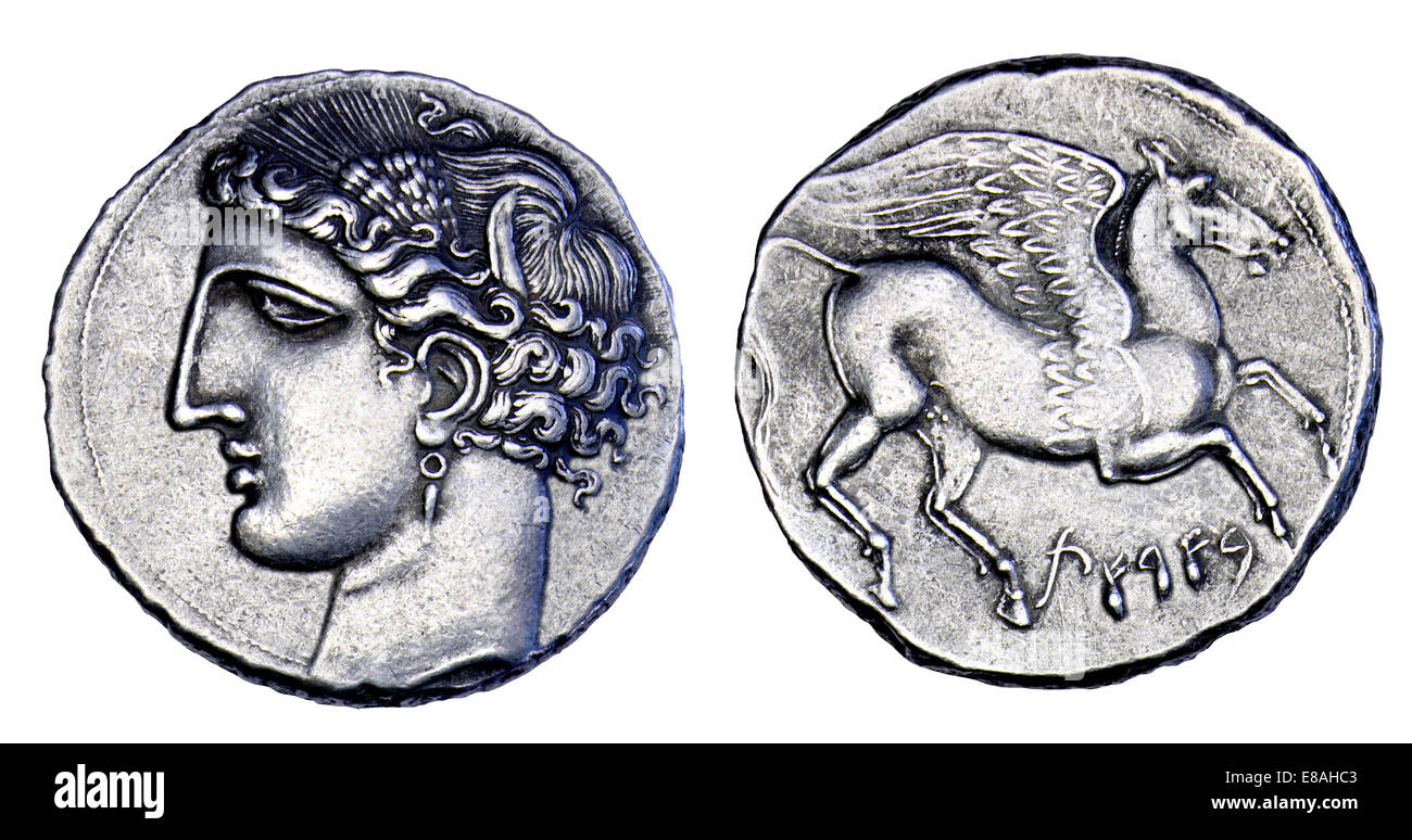 Karthagische Münze aus dem ersten Punischen Krieg: Obv: karthagischen Göttin Tanit / Rev: Pegasus [Replik] Stockfoto