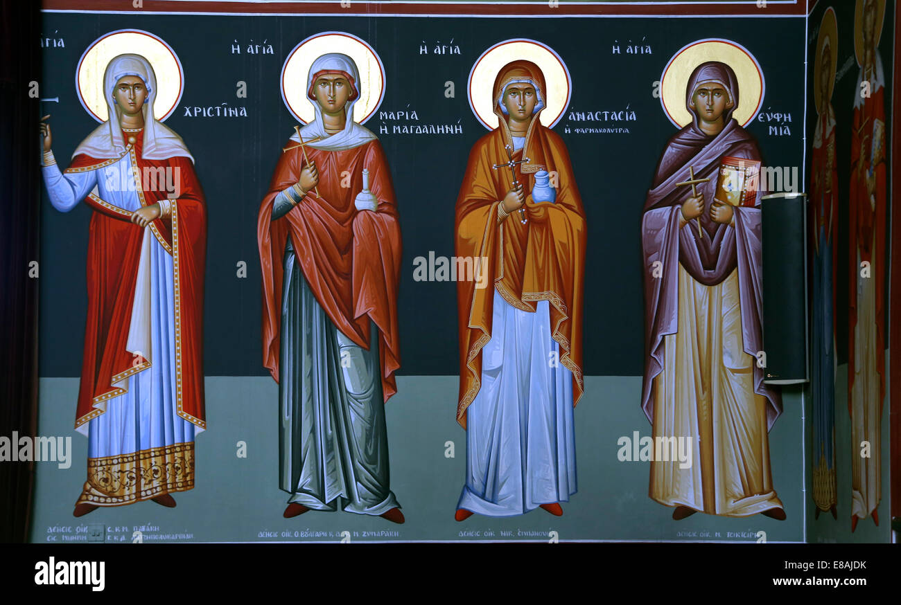 Evia Griechenland Kirche der Heiligen Marina Gemälde der Heiligen Christina großen Märtyrers, Mary Magdalene Myrrhe Träger Anatasia liefern Stockfoto