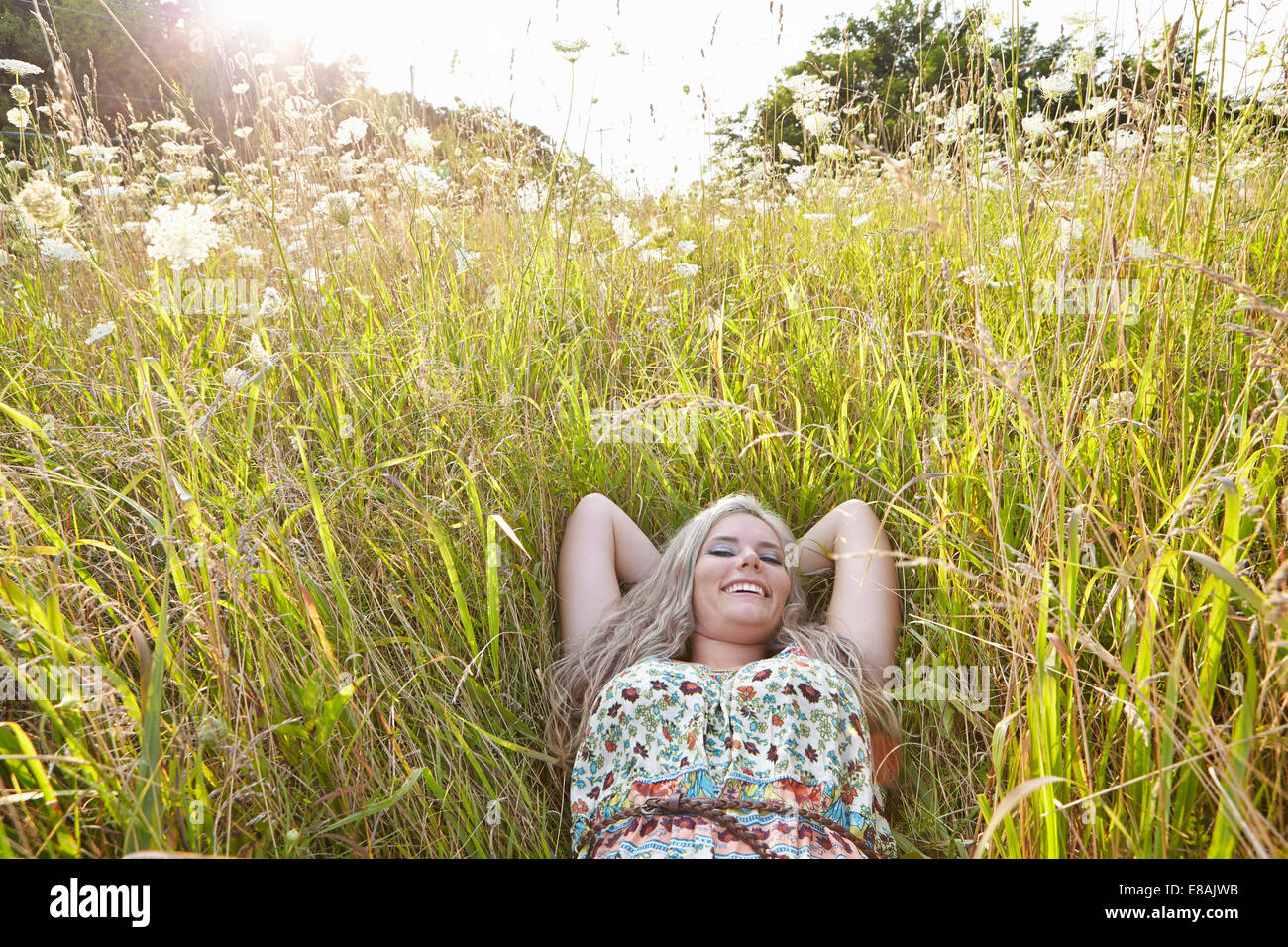 Frau im Bereich der Wildblumen Stockfoto
