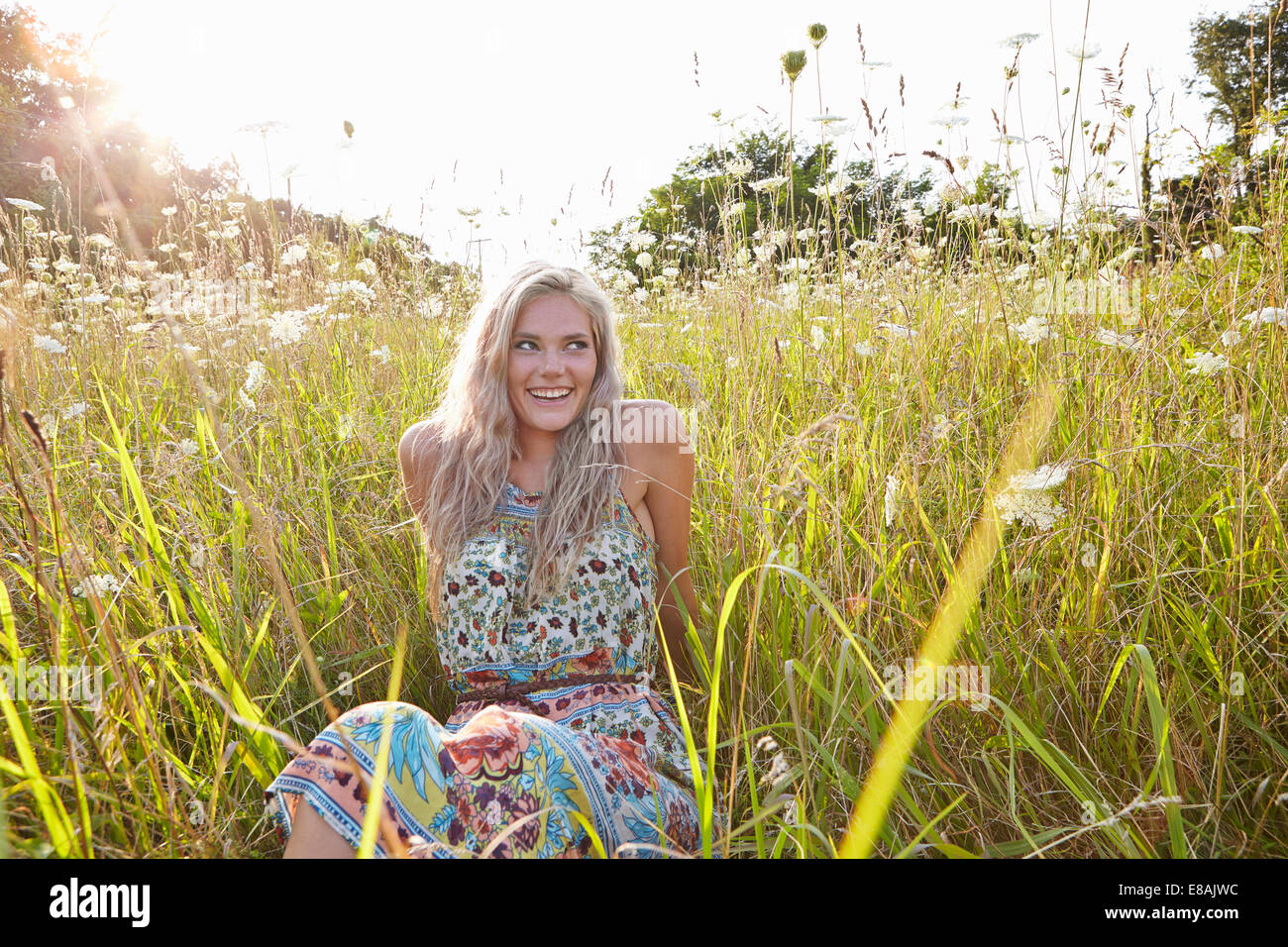 Frau im Bereich der Wildblumen Stockfoto