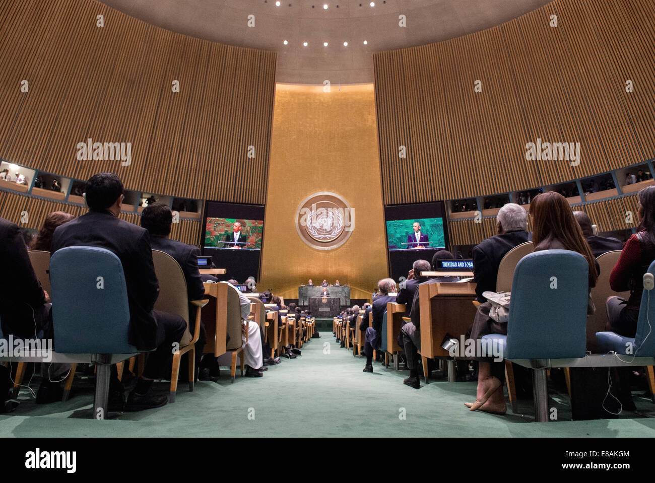 Delegierten hört, wie Präsident Obama richtet sich die Generalversammlung der Vereinten Nationen in New York City am 24. September 2014. [Stat Stockfoto