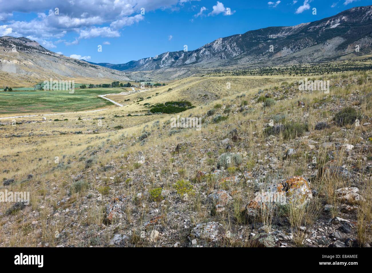 Blick über die zerklüftete Hügellandschaft des Buffalo Bill State Park zeigt die Rocky Mountains in der Nähe von Cody, Wyoming, USA Stockfoto