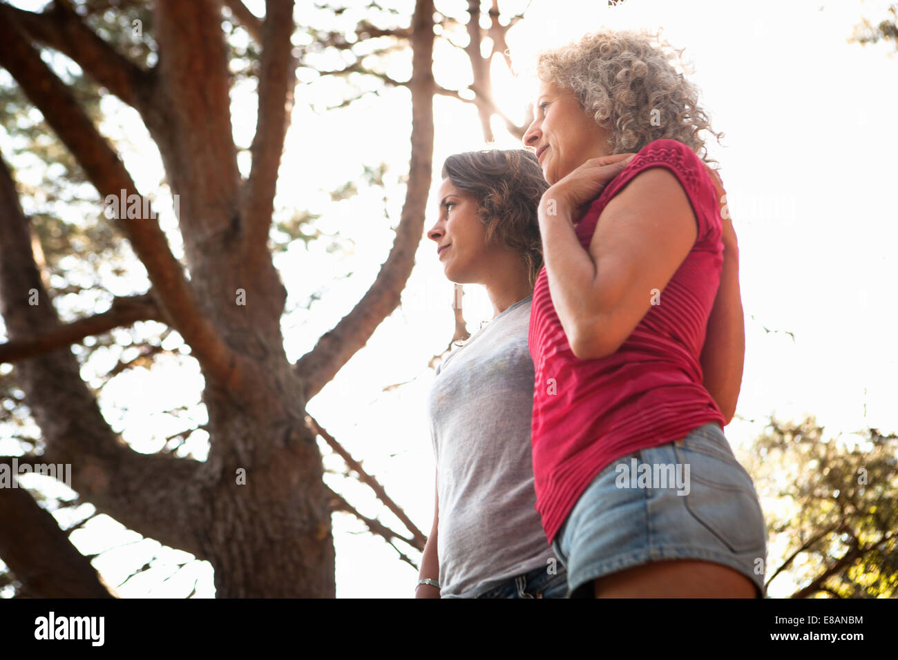 Mutter und Tochter Blick in Ferne, Baum im Hintergrund Stockfoto