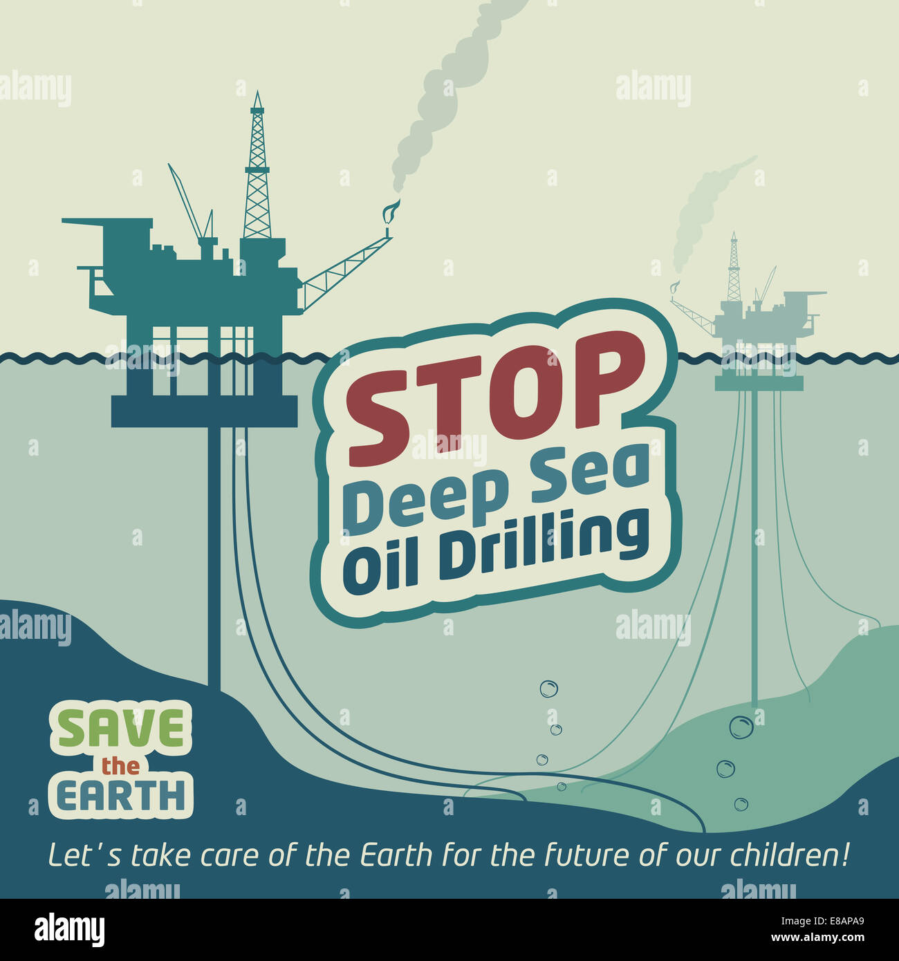 Tiefsee-Ölbohrungen zu stoppen und die Erde zu retten. Eco-Plakat Stockfoto