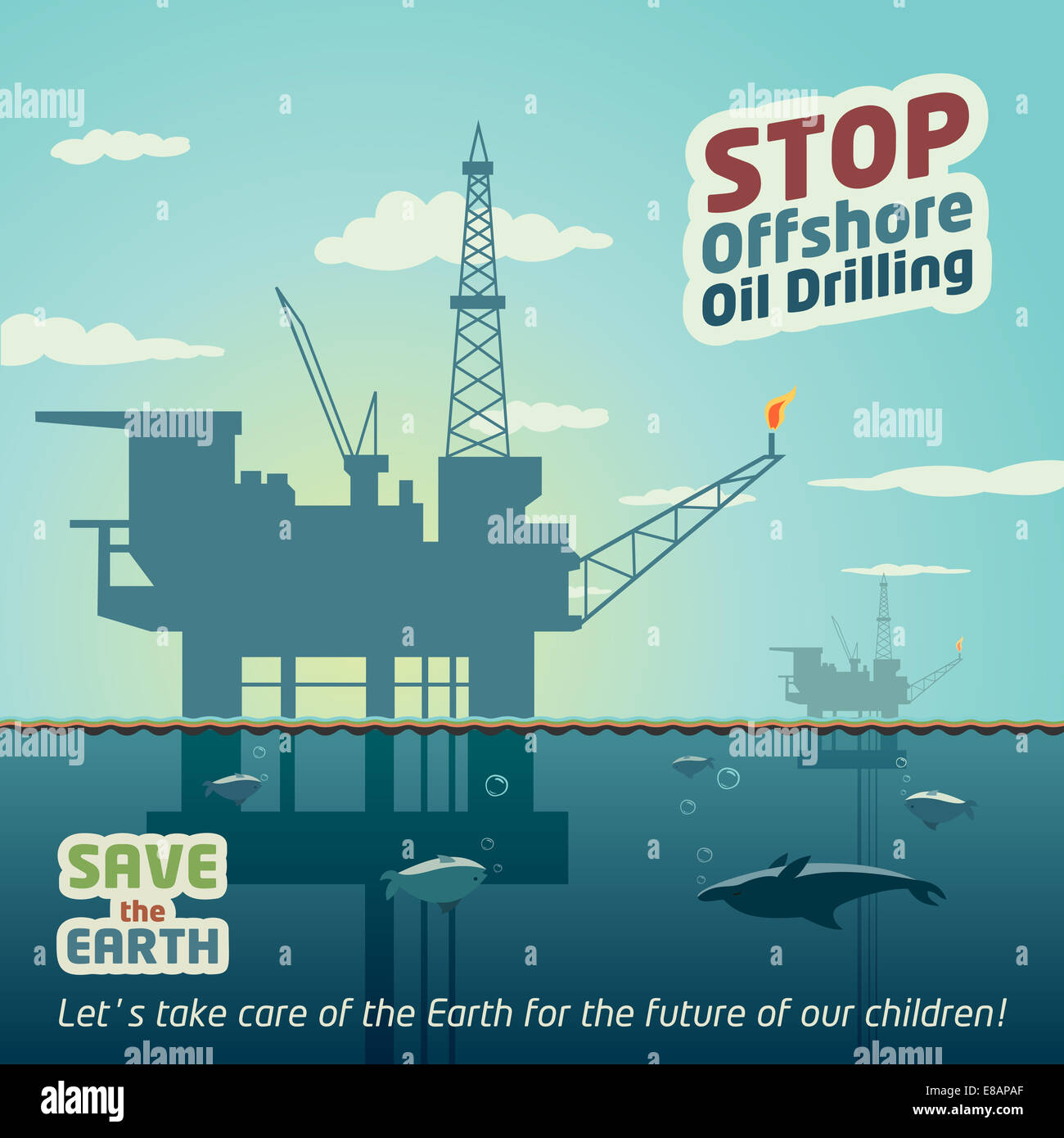 Tiefsee-Ölbohrungen zu stoppen und die Erde zu retten. Eco-Plakat Stockfoto
