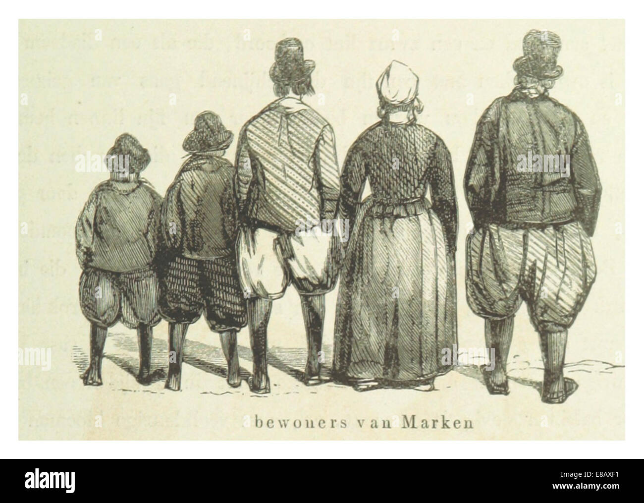 Seite 249 aus einem Werk von 1855, das die Einwohner von Marken, einer kleinen Insel in der niederländischen Provinz Noord-Holland, darstellt und ihren traditionellen Lebensstil und ihre Kleidung Mitte des 19. Jahrhunderts hervorhebt. Stockfoto