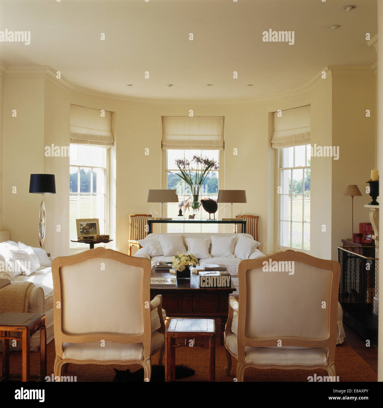 Creme Stühle und weiße Sofas im Wohnzimmer Creme Land mit weißem Leinen Vorhänge an den Fenstern Stockfoto