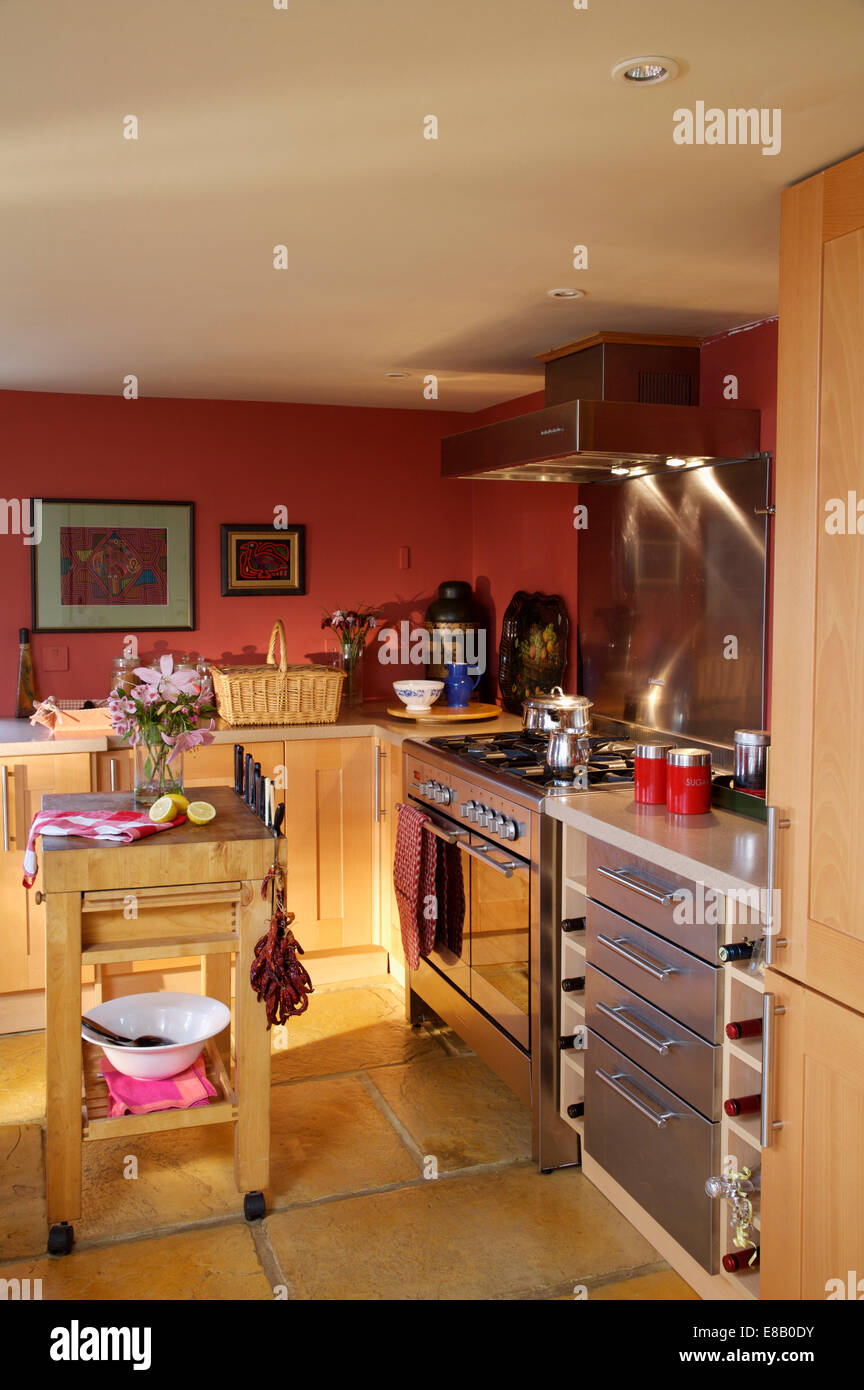 Metzgerei Block und Steinböden in roten Cottage-Küche mit Edelstahl-Herd und Splash zurück Stockfoto