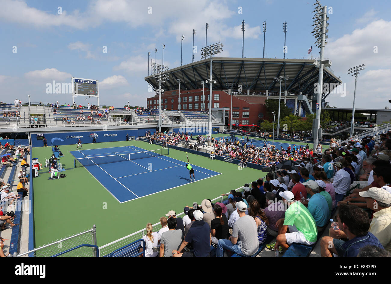 Üben Sie Gerichte und Arthur Ashe Stadium, Flushing Meadows, New York, USA. Stockfoto