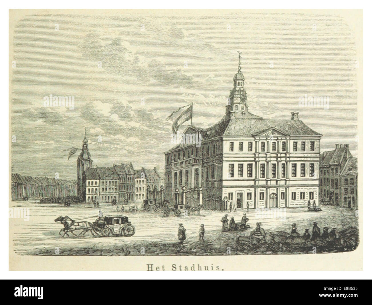 Diese 1855 abgebildete Illustration zeigt das Stadhuis in Maastricht und zeigt seine architektonischen Merkmale und die historische Bedeutung als zentrales Bürgergebäude in der Stadt im 19. Jahrhundert. Stockfoto