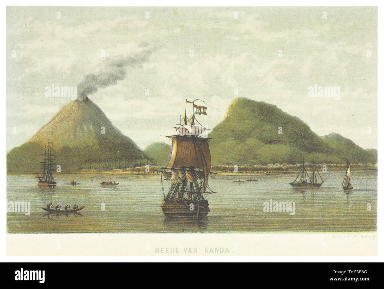 Diese Illustration aus Buddingh's Werk zeigt die Reede van Banda, ein bedeutender maritimer Ort, und gibt einen Einblick in die Rolle der Region in der maritimen Geschichte des 19. Jahrhunderts. Stockfoto