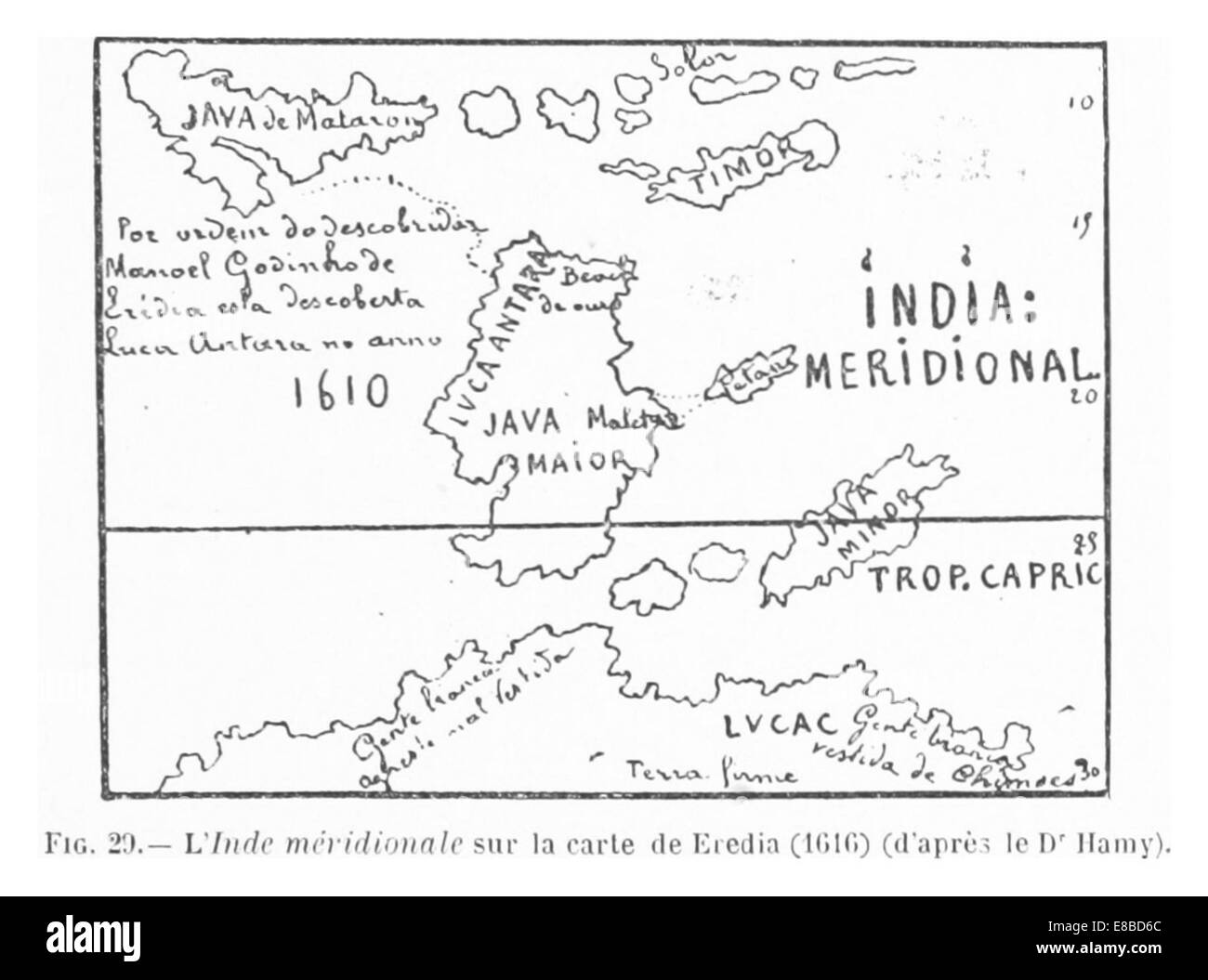 Diese 1893 von Rainaud erstellte Illustration zeigt eine Karte Südindiens, die auf der Karte von Eredia aus dem Jahr 1616 basiert. Die Karte zeigt die regionale Geographie, die Handelsrouten und die frühe europäische Erkundung des indischen Subkontinents. Stockfoto