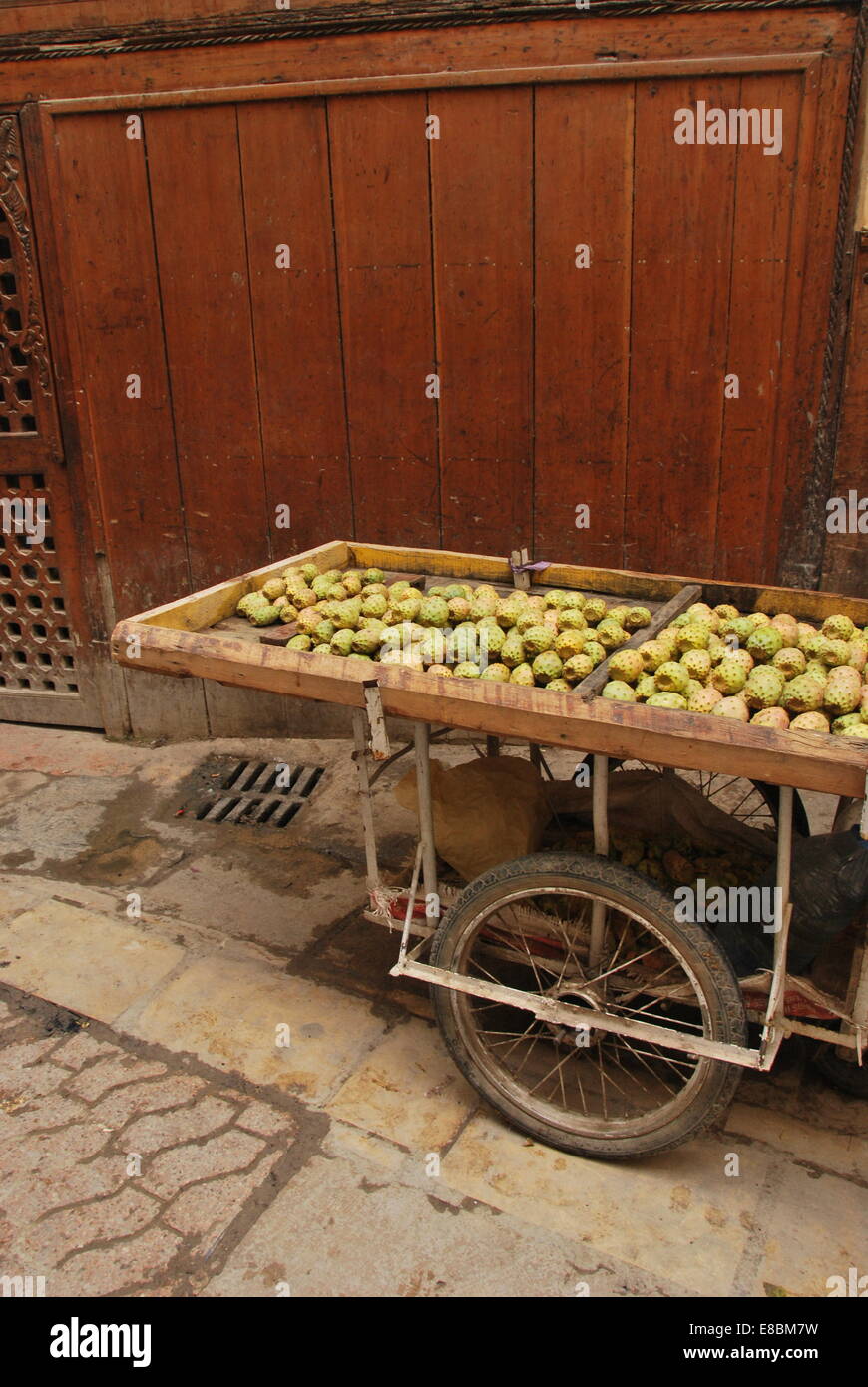 Morocco.Fez. Medina. Kaktus Obst zu verkaufen. Stachelige Birne. Barrow. Mit Ziegeln gedeckten Bereich. Stockfoto