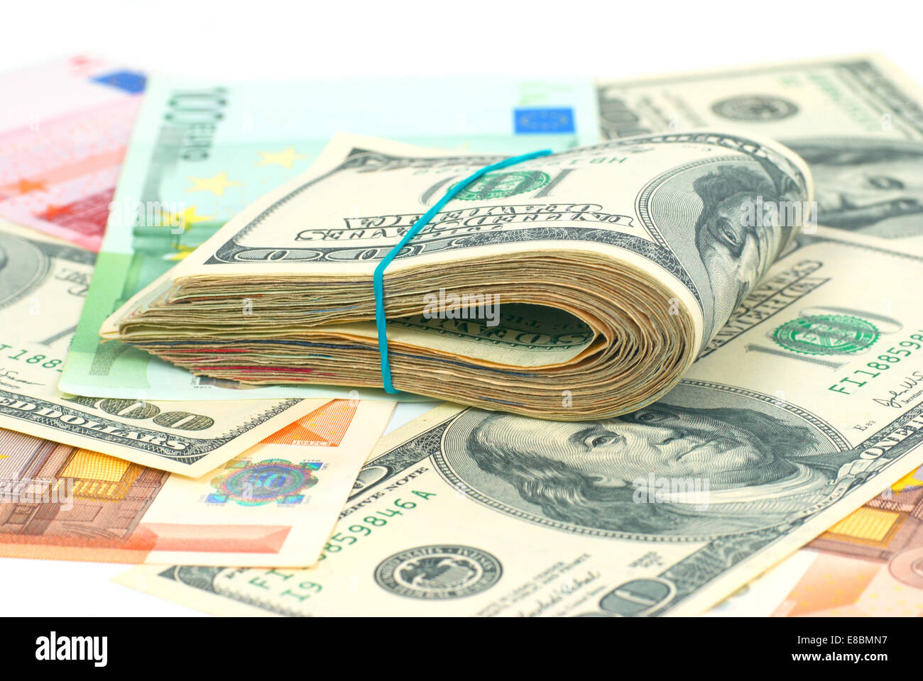 Haufen Geld-Geld von US-Dollar und Euro für Business-Hintergrund Stockfoto