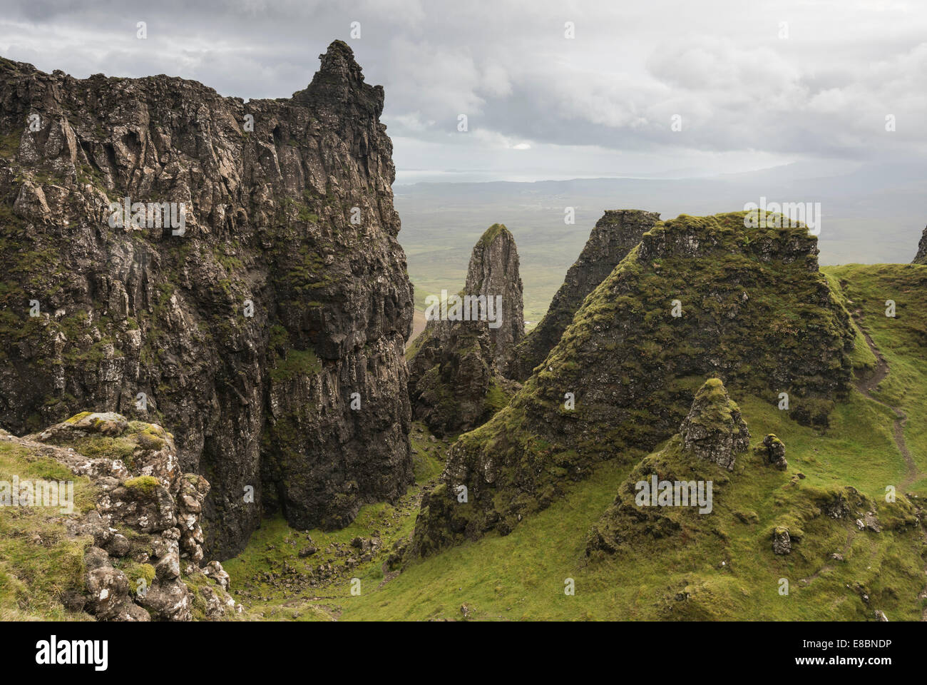 Felsklippen und Zinnen der Quiraing, Trotternish, Ridge, Isle Of Skye, Schottland Stockfoto