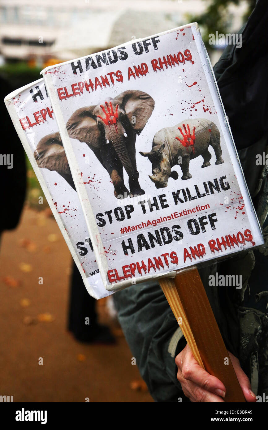 London, UK. 4. Oktober 2014. Demonstranten mit Plakaten und Bannern bei Global Marsch für Elefanten und Nashörner, London, England. Regen Dämpfen nicht die Geister von den Demonstranten, die das Bewusstsein für die Notlage der Elefanten und Nashörner, die unter anderem von Wilderern für Elfenbein und Souvenirs getötet werden. Bildnachweis: Paul Brown/Alamy Live-Nachrichten Stockfoto