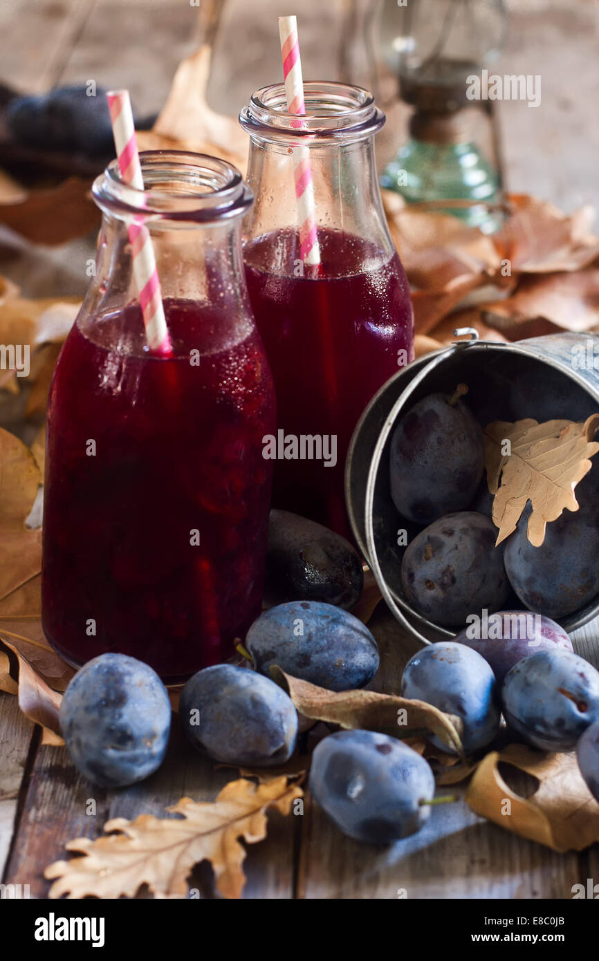 Hausgemachte Pflaumensaft mit frischen Pflaumen und Herbstlaub auf ...