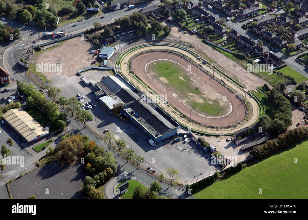 Luftaufnahme von Belle Vue Greyhound Track-Stadion in Manchester, UK Stockfoto