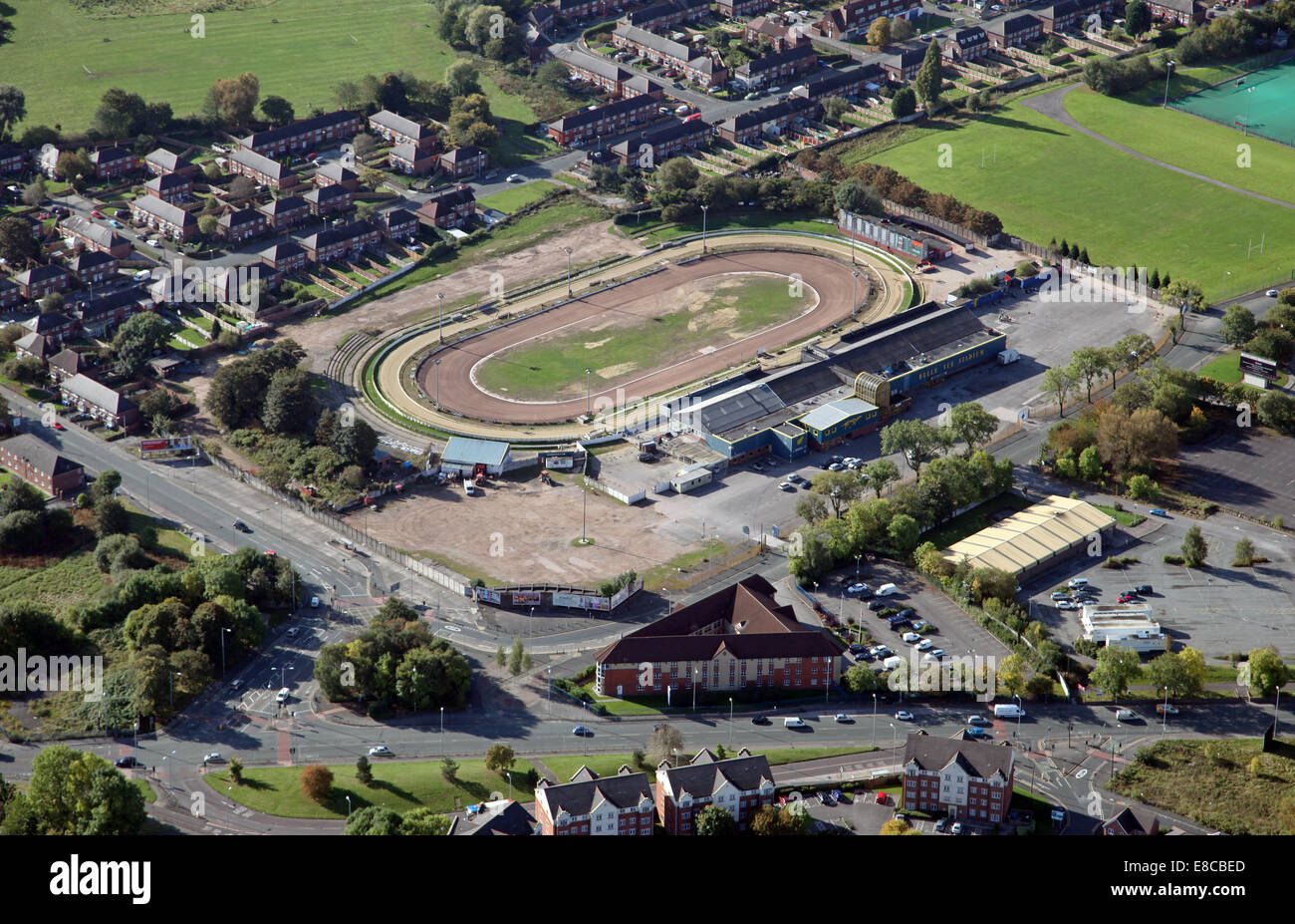 Luftaufnahme von Belle Vue Greyhound Track-Stadion in Manchester, UK Stockfoto