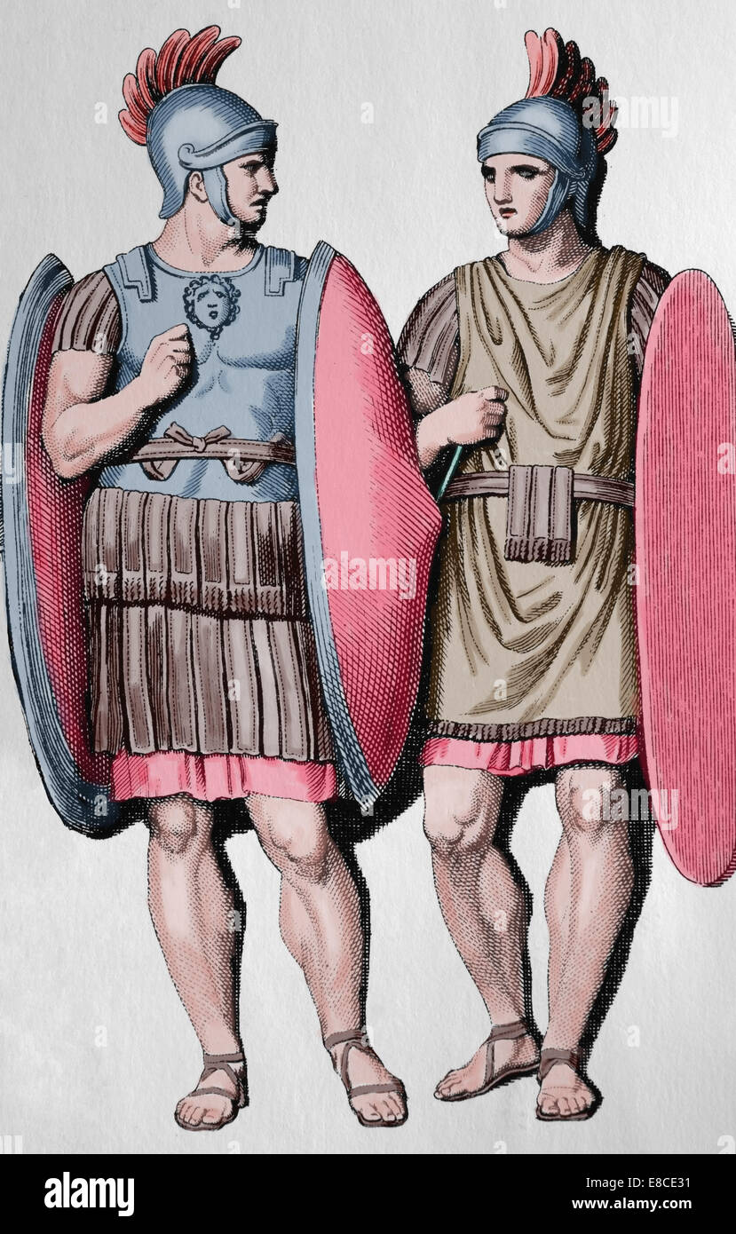Antike. Anciet Rom. Römischer Soldat 400 AD, Gravieren, 19. Jahrhundert. Spätere Färbung. Stockfoto