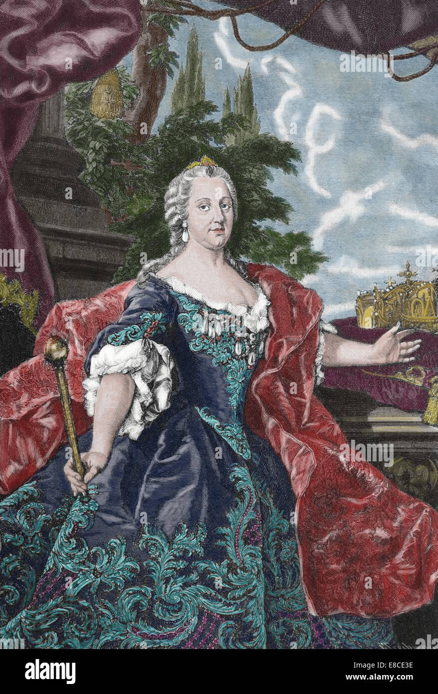 Maria Theresa von Österreich, 1717-1780, souveränen von Österreich und Königin von Ungarn und Böhmen. Gravur. Farbe. Stockfoto