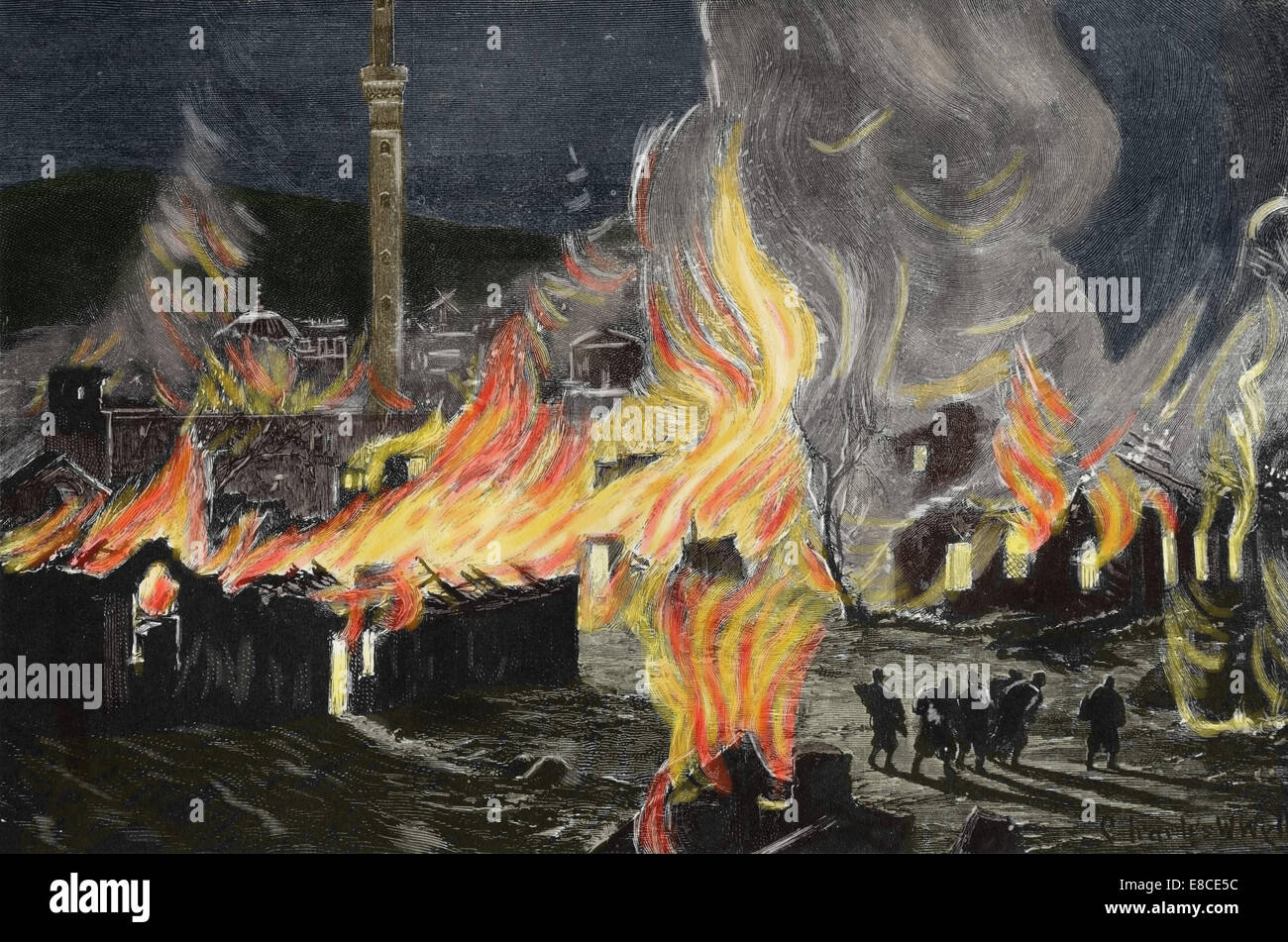 Griechenland. Großen Thessaloniki Feuer von 1917. Gravur. Spätere Färbung. Stockfoto
