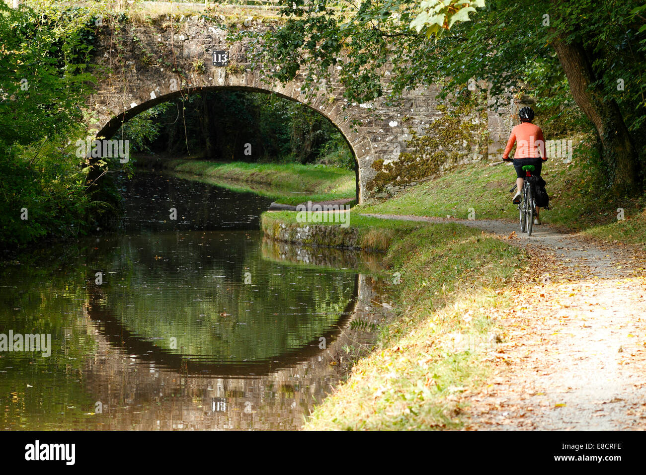 Junge Frau ein Kanal Leinpfad radeln Stockfoto