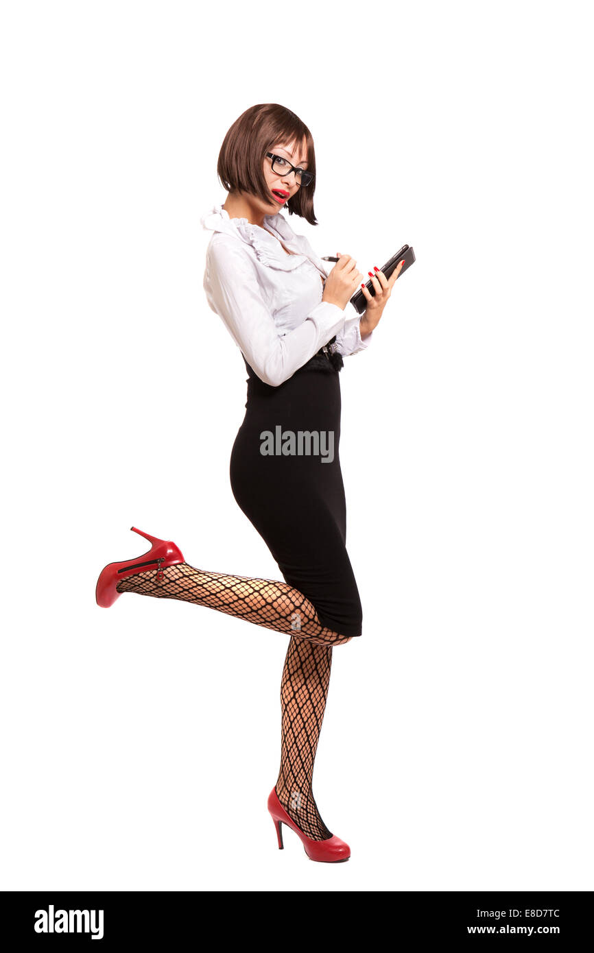 Sexy Sekretärin mit roten high Heels und Gläser mit tablet Stockfotografie  - Alamy