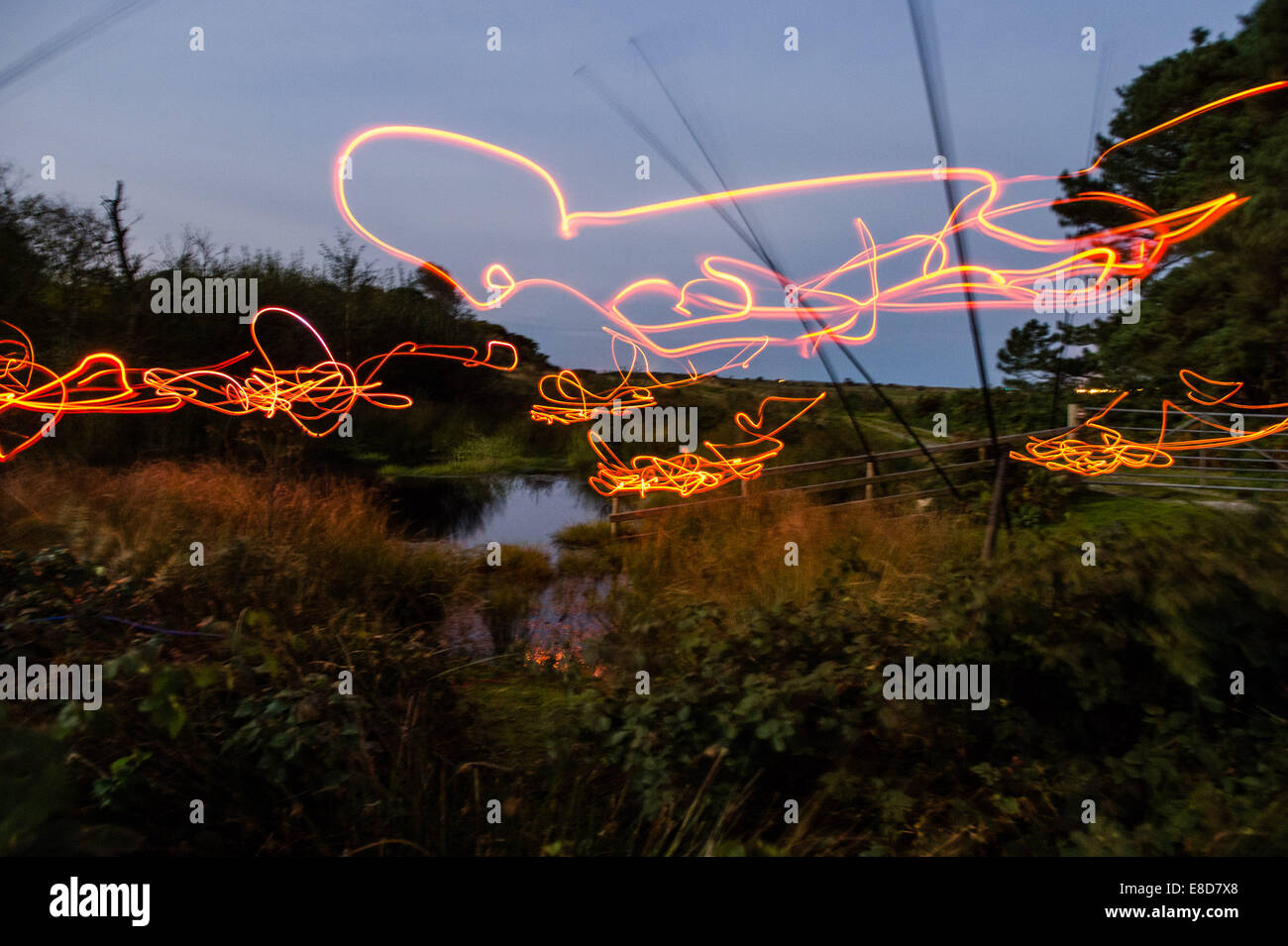 Gilpin Nature Reserve, Ceredigion Wales, Sonntag, 5. Oktober 2014 Glühwürmchen (zufällig fliegen motorisierten Amber LEDs bilden tanzen Firelflies über einen Teich) - Teil des "For the Birds" - vom Künstler JONY EASTERBY, eine 3 km lange zwei Stunden Nachtzeit Spur von 20 Musik geschaffen und Skulpturen in der Feier der Vögel im Ynys Hir Naturreservat in der Nähe von Aberystwyth Ceredigion Wales UK, 3. Oktober 2014. Bildnachweis: Keith Morris/Alamy Live-Nachrichten Stockfoto