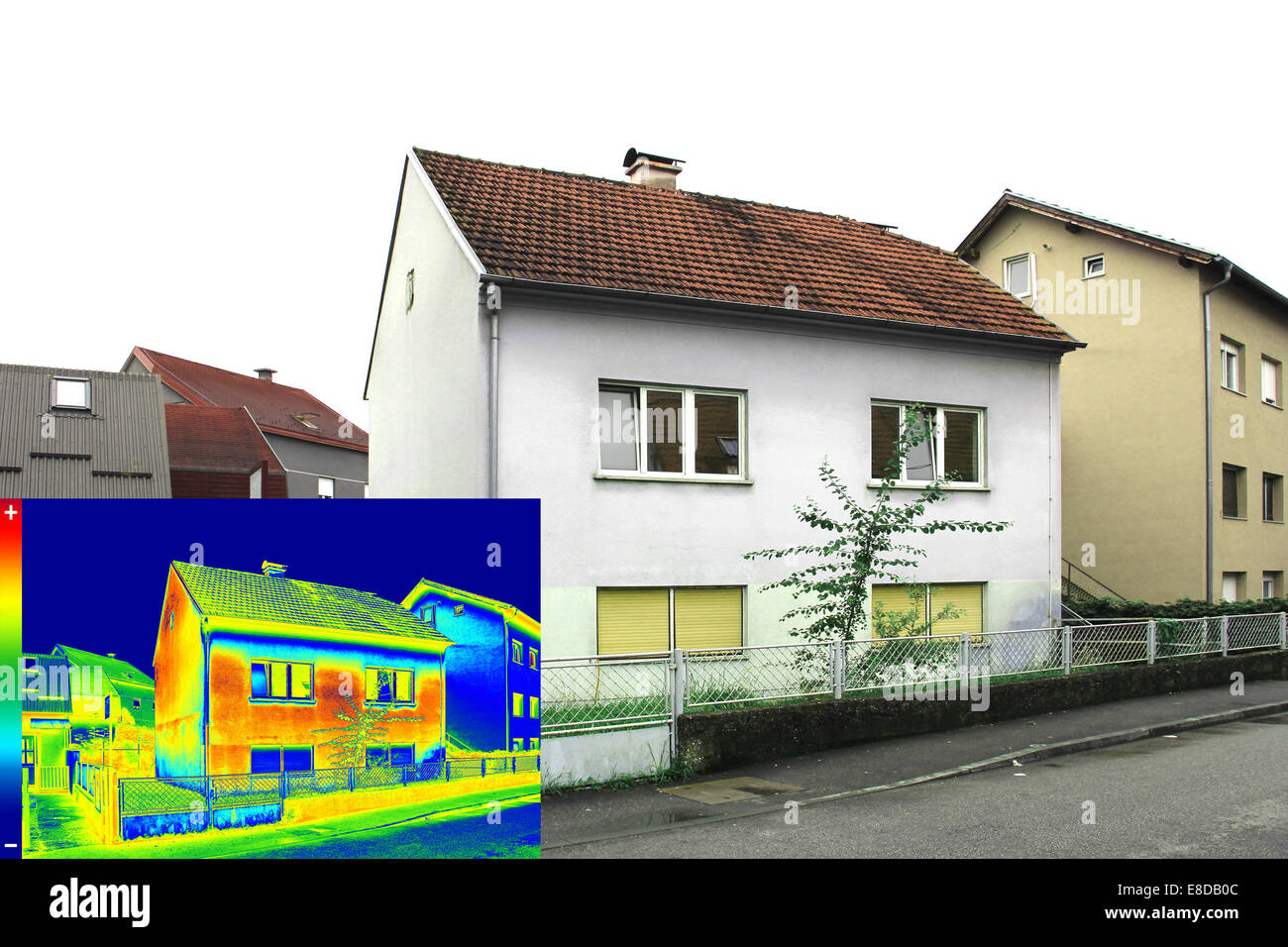 Infrarot-Thermografie-Bild zeigt mangelnde Wärmedämmung am Haus Stockfoto