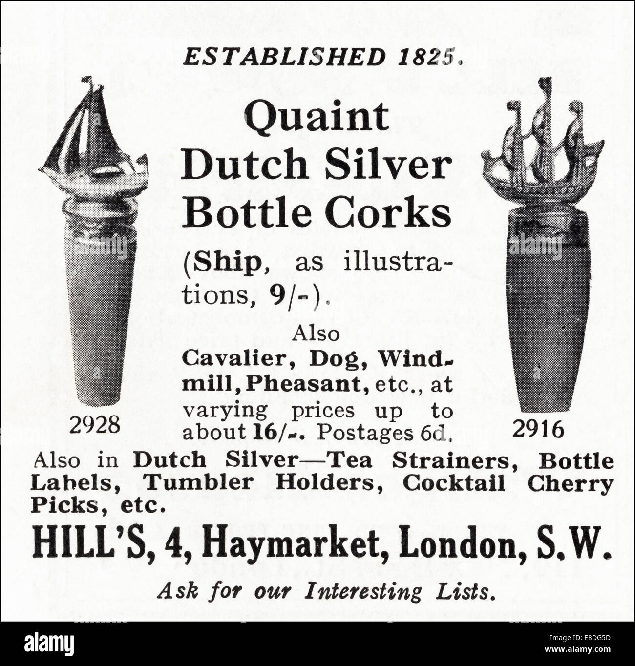 1920er Jahren Werbung für malerische holländische Silber Flaschenkorken im englischen Magazin vom Juni 1929 Stockfoto