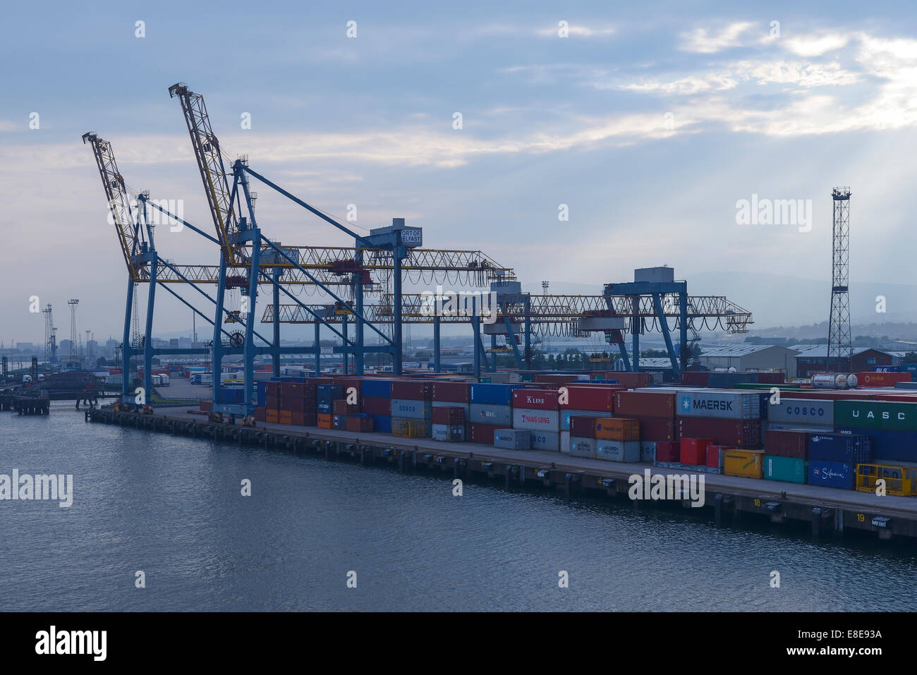 Portalkräne und Container in Belfast Docks UK Stockfoto