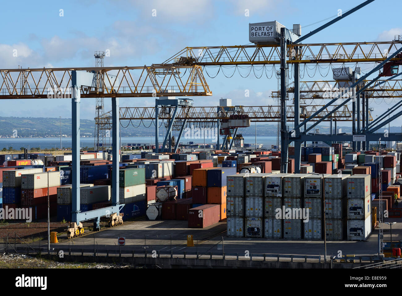 Portalkräne und Container im Hafen von Belfast Hafen Stockfoto