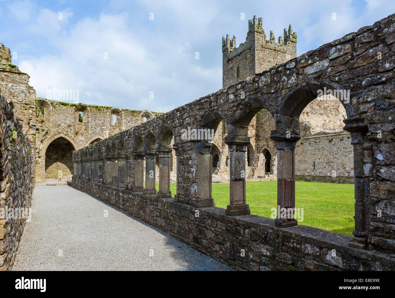 Blick vom Kreuzgang in Jerpoint Abbey, Thomastown, Grafschaft Kilkenny, Irland Stockfoto