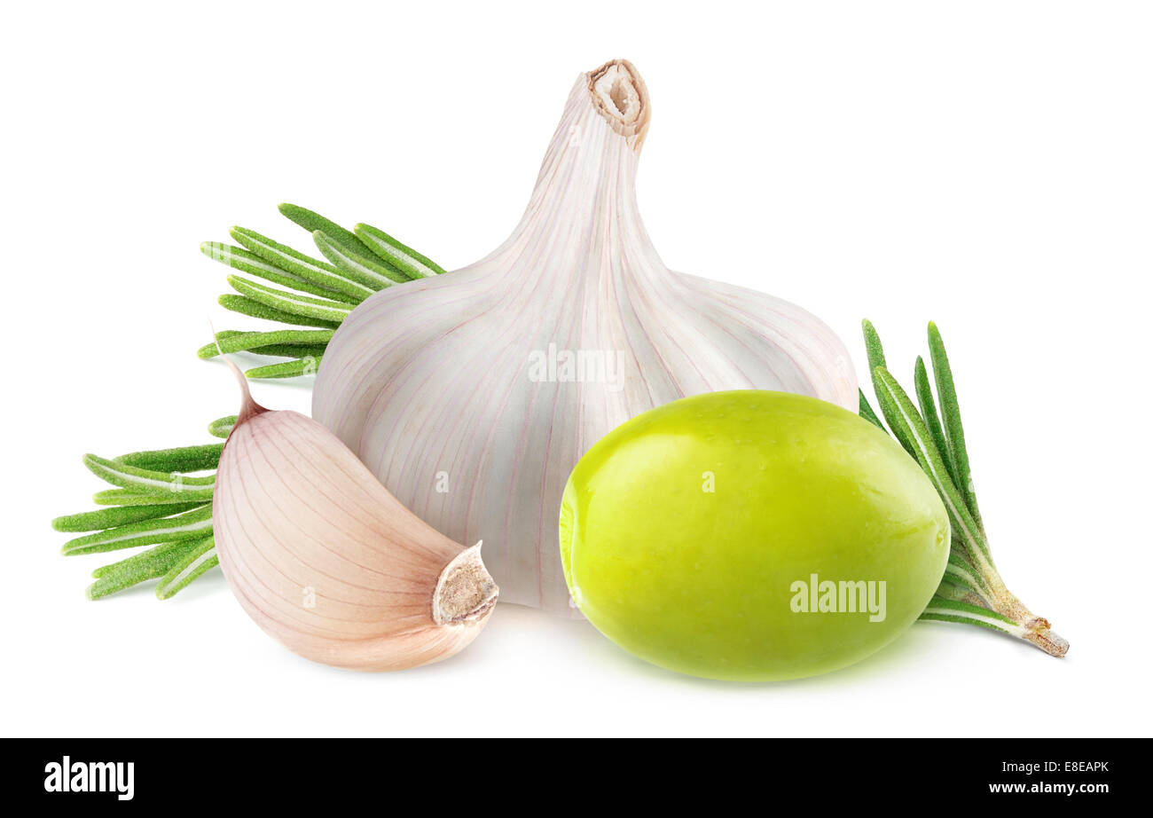 Olivenöl, Rosmarin und Knoblauch, isoliert auf weiss Stockfoto