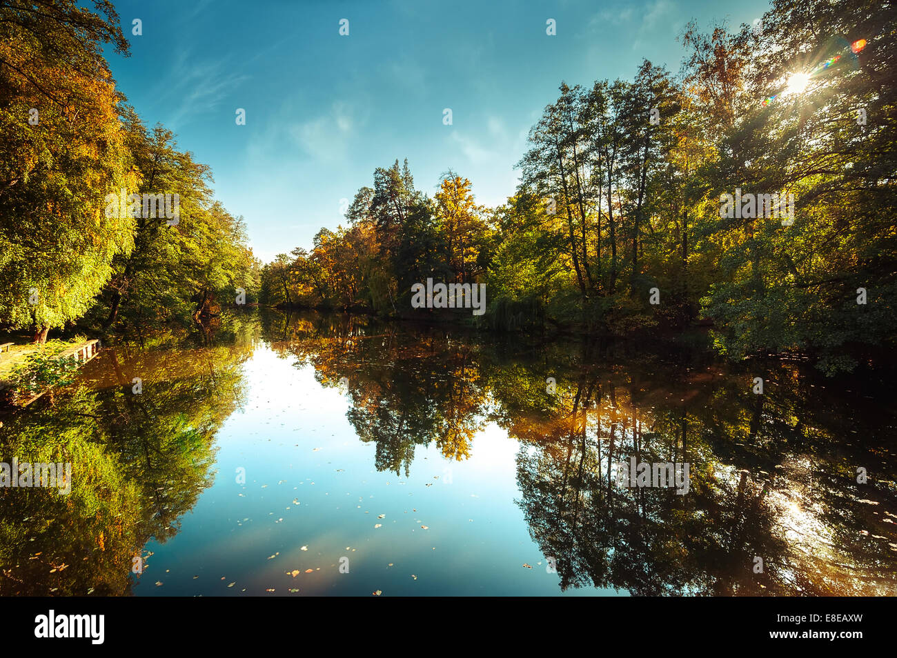 Sonnigen Tag im Park mit See und bunten Herbst Bäume Reflexion unter blauem Himmel im Freien. Erstaunlich hellen Farben der herbstlichen Natur Stockfoto