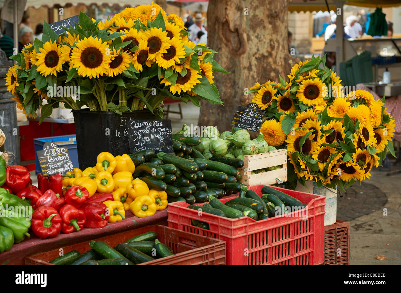 Frisches Gemüse und Sonnenblumen Blüten zum Verkauf am Bauernmarkt in Aiv-En-Provence, Frankreich Stockfoto