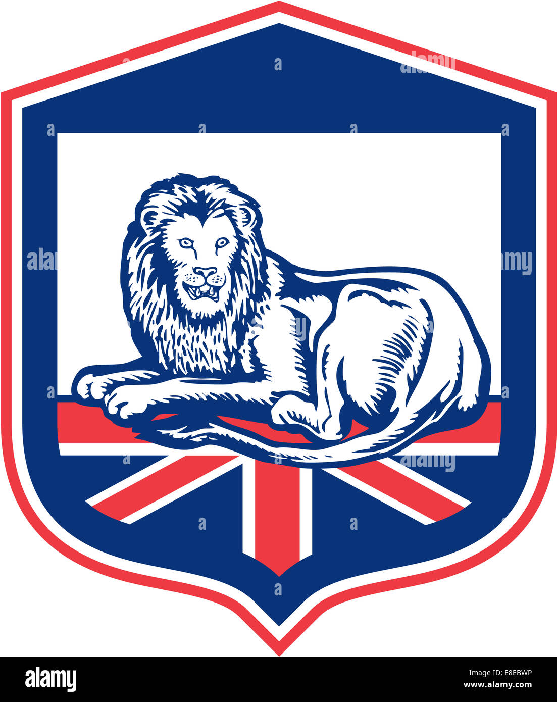 Abbildung eines Löwen liegen von vorne im Inneren Schild Wappen mit britischer Flagge im Hintergrund getan im retro-Stil gesehen. Stockfoto