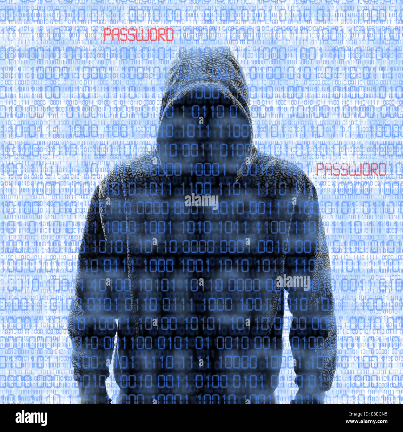 Silhouette von einem Hacker isoliert auf weiß mit Binärcodes auf Hintergrund Stockfoto