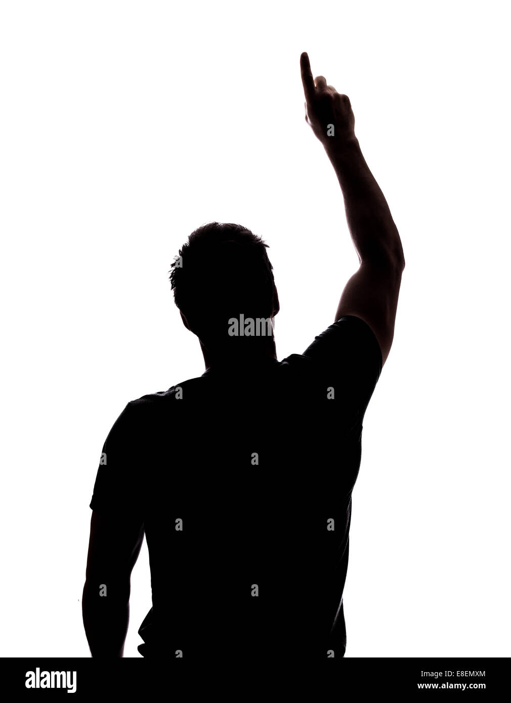 Mann zeigte sich in der Silhouette isoliert auf weißem Hintergrund Stockfoto