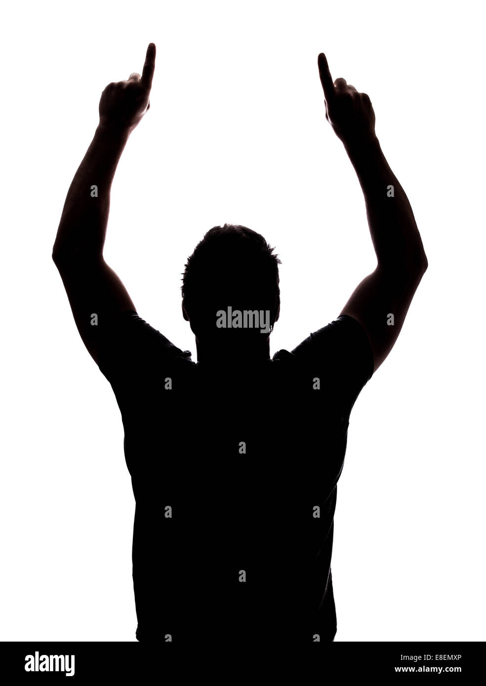 Mann zeigte sich in der Silhouette isoliert auf weißem Hintergrund Stockfoto